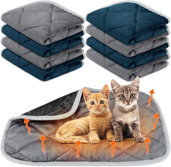 8 Pack Self Heating Cat Mat Self Warming Cat Bed 20"x16" Extra Warm Thermal Pet Bed Mat Reflects Body Heat Washable Dog Crate Pad for Indoor Outdoor Pets(Gray, Blue)