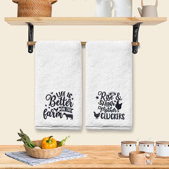 Farm Animal Hand Towels for Bathroom, Farmhouse Rooster Cow Decor Embroidered Dish Towels, Farmhouse Decor Gifts Decorative New Home Tea Hand Towels, 100% Cotton Soft Towels for Kitchen 14x30 Inches