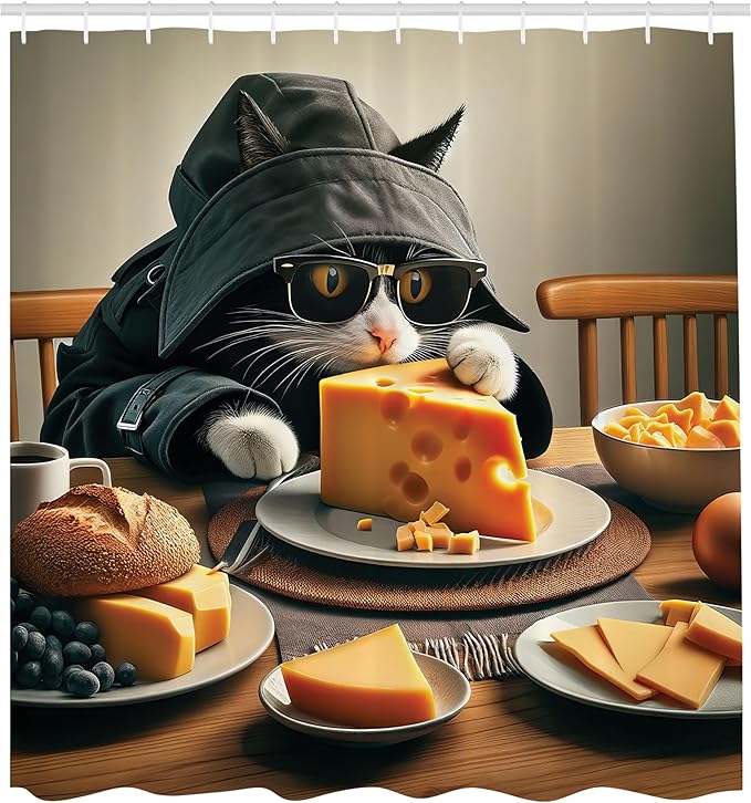 Ambesonne Cat Shower Curtain, Whimsical Kitty in a Mysterious Trench Coat Having a Feast with Cheese, Cloth Fabric Bathroom Decor Set with Hooks, 69" W x 84" L, Marigold and Charcoal Grey