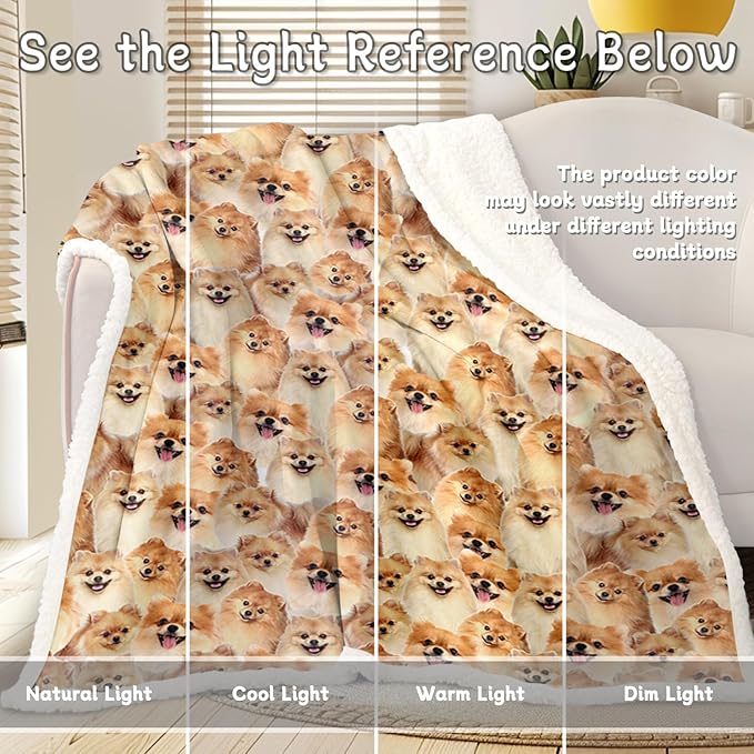 BlessLiving Fuzzy Dogs Blanket - Pomeranian Throw, Reversible Sherpa Fleece, Cute Puppy Design, 50 x 60 Inches