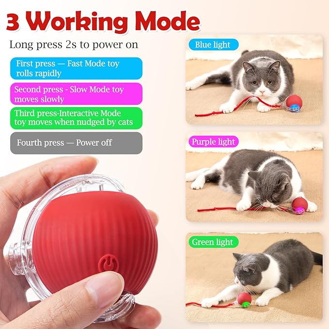 Interactive Cat Toy - Cat Toys for Indoor Cats Smart Silicone Rolling Ball with Tail,Bird Sound,Obstacle Avoidance and Motion Activated,Kitten Puzzle Toys for Bored Indoor Adult Cats & Dogs (Red)