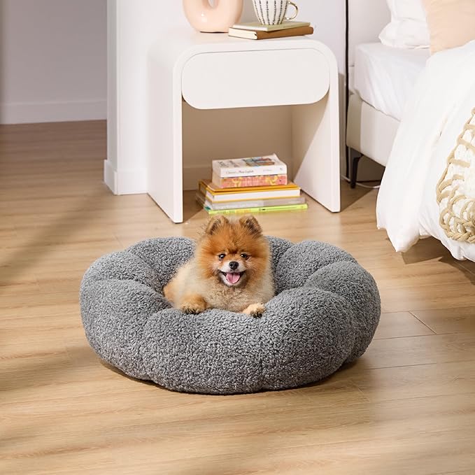 Lesure Calming Small Dog Bed - Flower Donut Round Fluffy Puppy Bed in Plush Teddy Sherpa, Non-Slip Cute Flower Cat Beds for Indoor Cats, Small Pet Bed Fits up to 25 lbs, Machine Washable, Grey 23"