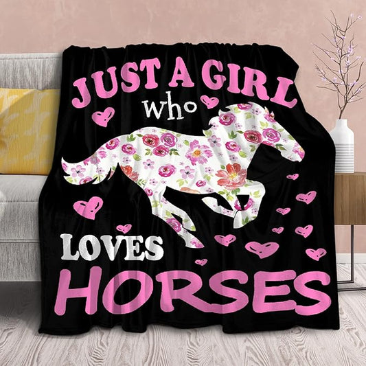Horse Blanket Gifts for Girls Women Kids Teen Plush-Just A Girl Who Loves Horses Comfy Throws Cowboy Western Lightweight Sheet Pony Bedding Soft Flannel Blankets for Travel-60x80 Inches