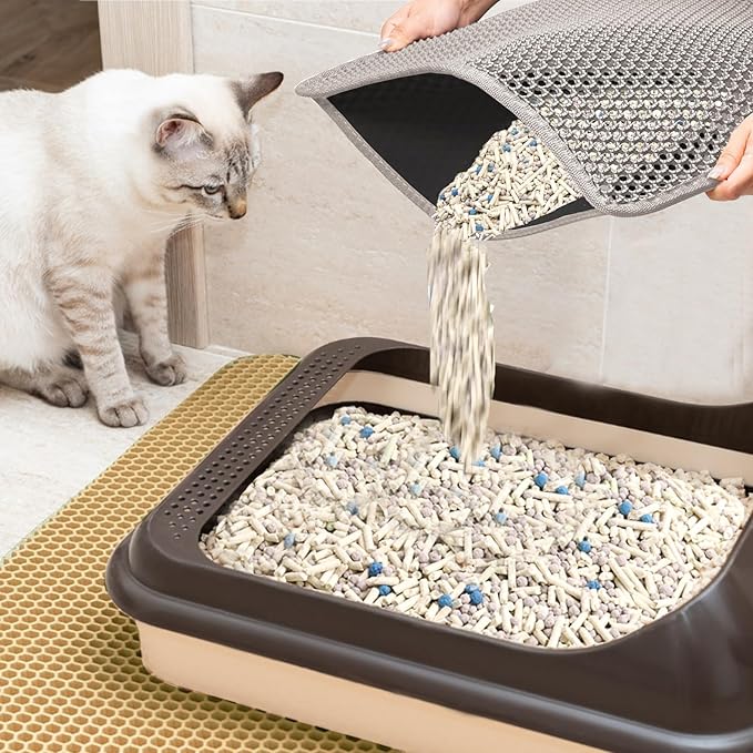 2025 𝗡𝗘𝗪 Waterproof Cat Litter Mat | Double Layer EVA, Odor-Free Large Grid | Urine Proof & Easy Cleanup | Soft on Paws | Versatile Design for Litter and Feeding (Gray, 16×21)