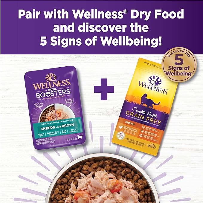Wellness Bowl Boosters Grain Free Wet Cat Food Topper, Flaked Tuna & Shrimp Recipe in Broth, 1.75 Ounce Pouches (Pack of 12)