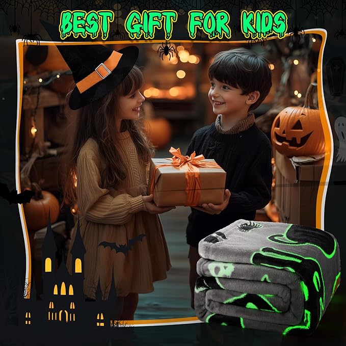 Halloween Decorations Blanket Gifts for Kids - Pumpkin Spooky Bat Cat Glow in The Dark Soft Throw Toys Presents for Boys Girls Toddler Child Teen Bedroom Couch Sofa Decor 50"x60"