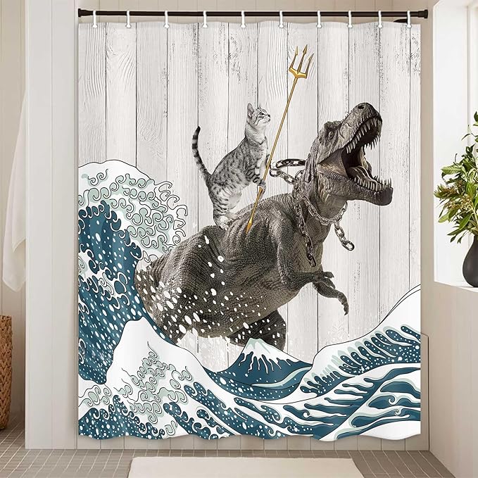 Boziqr Funny Cat Shower Stall Curtain, Cool Cat Dinosaur Japanese Ocean Wave Decor Fabric Bathroom Curtains, Kids Children Rustic Wooden Farmhouse Shower Curtain, 60 X 70 Inches