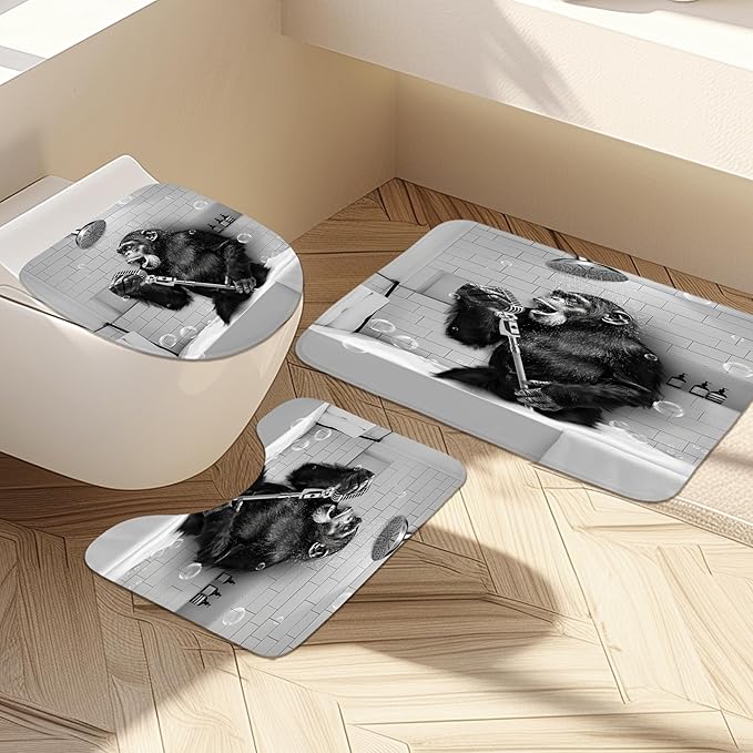 4Pcs Funny Monkey Shower Curtain Set with Non-Slip Rugs, Toilet Lid Cover and Bath Mat, Black White Animal Chimpanzee Singing in Bathtub Men Bathroom Set with 12 Hooks, Modern Cool Bath Decor