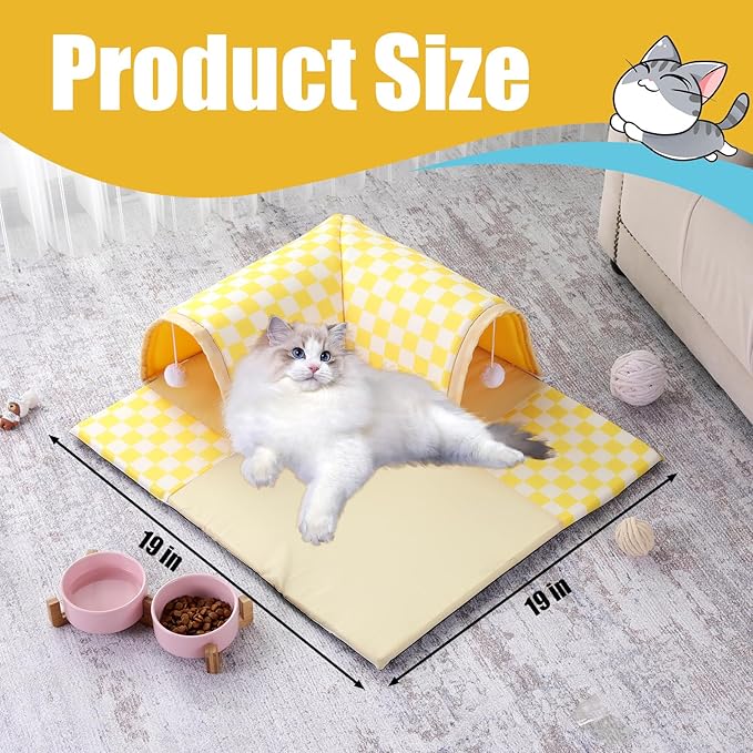 Plush Cat Donut Tunnel Bed for Indoor Cats，Waterproof Soft Peekaboo Cat Cave,Fuzzy Cat Tunnels with 2 Hanging Cat Ball Toys,Machine Washable Small Cat Bed,Warm & Cozy Pet Beds for Kitten,Yellow