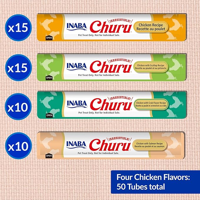 INABA Churu Cat Treats, Grain-Free, Lickable, Squeezable Creamy Purée Cat Treat/Topper with Vitamin E & Taurine, 0.5 Ounces Each Tube, 50 Tubes, Chicken & Seafood Variety