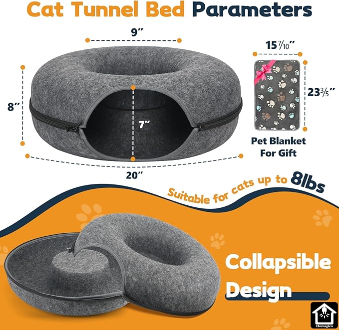 Medium 20 Inch,Cat Tunnel Bed,HOMAGICO Peekaboo Cat Cave with Pet Blanket,Detachable Donut Tunnel Bed for Indoor Cats,Exercise Scratching & Hideway Cat Nest,Cat Up to 8 lbs(Dark Grey)