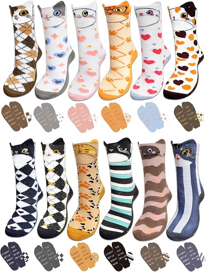 12 Pairs Cute Cat Crew Socks for Women Cat Socks Womens Crew Socks Novelty Gifts for Women Teenage Girls Men Girlfriend Animal Lovers