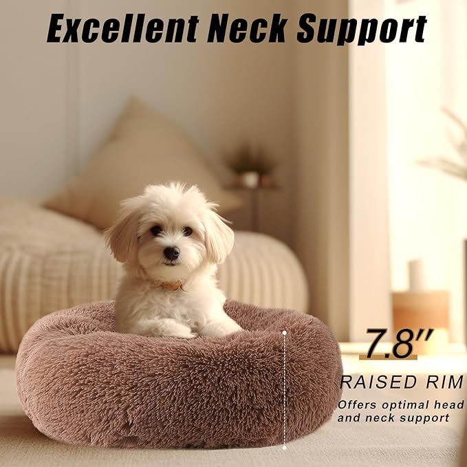 Calming Dog Bed, Dog Beds Fits up to 15 lbs Pets, Fluffy Donut Dog & Cat Bed Washable, Round Anti Anxiety Dog Bed, Small Dog Bed with Non-Slip Bottom (Khaki, 20" x 20")