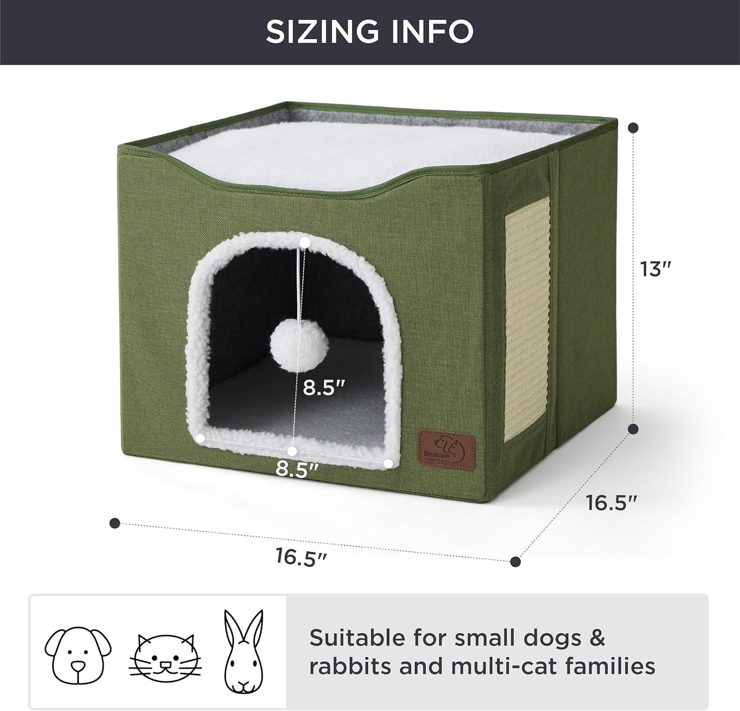 Bedsure Cat Beds for Indoor Cats - Large Cat Cave for Pet Cat House with Fluffy Ball Hanging and Scratch Pad, Foldable Cat Hideaway, 16.5x16.5x13 inches, Loden Green
