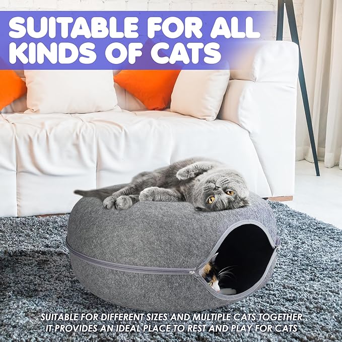 Cat Tunnel Bed - Felted Cat Bed with Fish Toy, Cat Beds for Indoor Cats, Scratch Detachable & Washable Tunnel Bed, Comfy Donut - Dark Gray