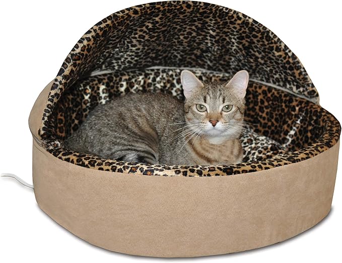 K&H Pet Products Thermo-Kitty Bed Deluxe Indoor Heated Cat Bed Tan/Leopard Small 16 Inches (FFP)