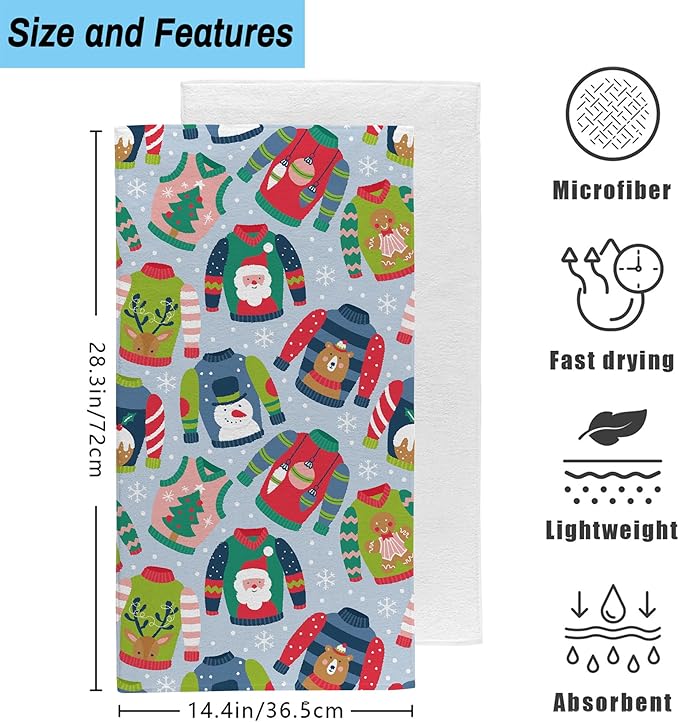 Christmas Ugly Sweater Hand Towel Set of 2,Childish Christmas Holiday Sweater Bathroom Kitchen Towel,Soft Absorben for Bathroom Kitchen Hotel 28"x14"