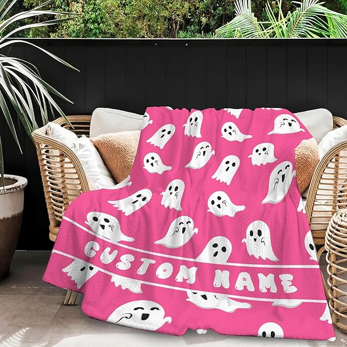 Cute Little Funny Ghost Custom Blanket Pink Ghost Spooky Personalized Throw Blankets Gifts for Girl Boy Flannel Fleece Halloween Customized Throw Blankets for Adults With Name Sofa Chair 80x60In
