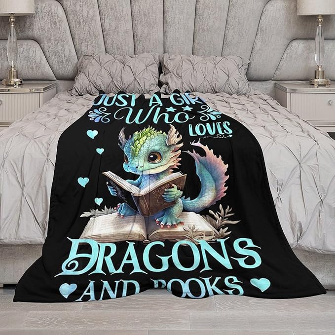 Just A Girl Who Love Dragons and Book Blanket Dragons Gifts for Girls Boys Woman Kids Read Lover Throw Blankets Soft Blanket Warm Fleece Flannel Plush Blankets for Bed Sofa Couch 50"x60"