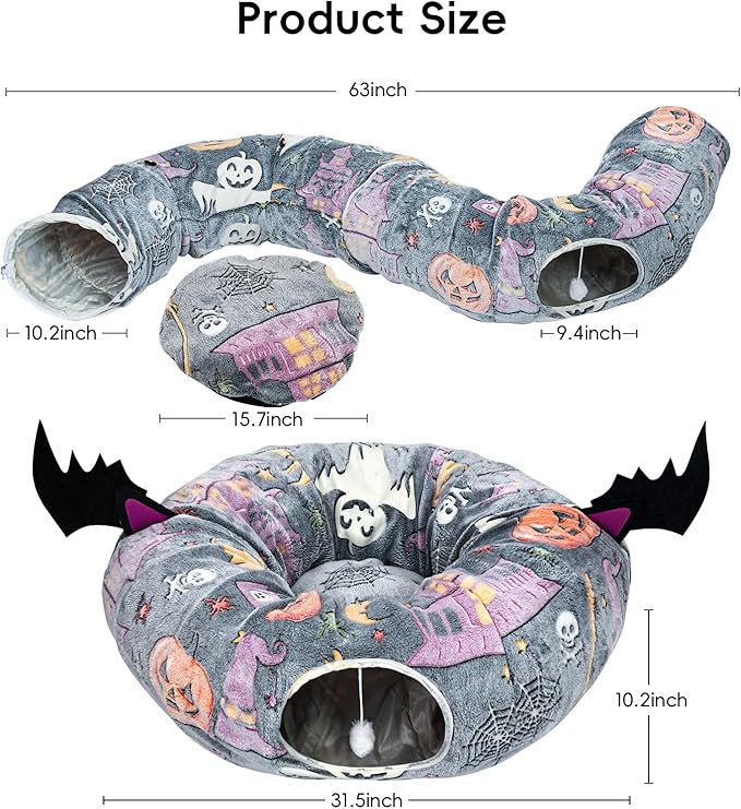 Halloween Cat Tunnel Bed, Cat Tunnels for Indoor Cats Large with Bat Wings, Foldable Cat Donut Tunnel with Soft Mat and Dangling Balls, Cat Play Tunnel Toy with Ghost, Spider Web Pattern Decorations