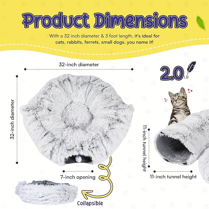 Cat Tunnel Bed with 2 Catnip Toys – Versatile Cat Tunnels for Indoor Cats, Large Cat Donut Tunnel, Cozy Cat Furniture, Peekaboo Cat Cave, Foldable Cat Tube, Cat Play Tunnel for Small Pets