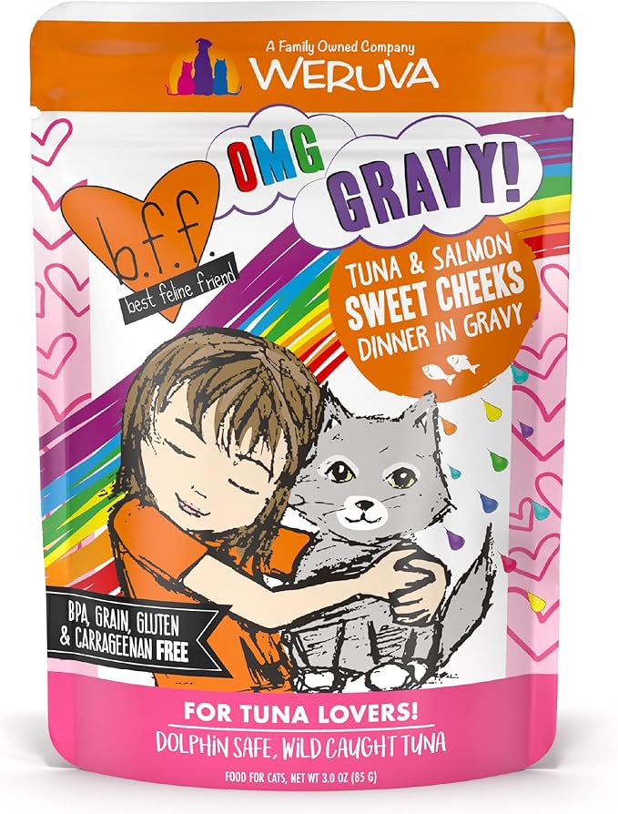 Weruva B.F.F. OMG - Best Feline Friend Oh My Gravy!, Tuna & Salmon Sweet Cheeks with Tuna & Salmon in Gravy Cat Food, 3oz Pouch (Pack of 12)