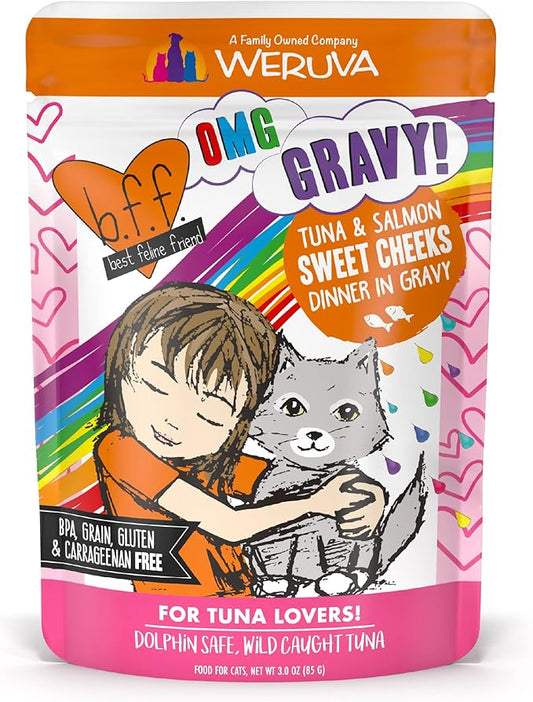 Weruva B.F.F. OMG - Best Feline Friend Oh My Gravy!, Tuna & Salmon Sweet Cheeks with Tuna & Salmon in Gravy Cat Food, 3oz Pouch (Pack of 12)