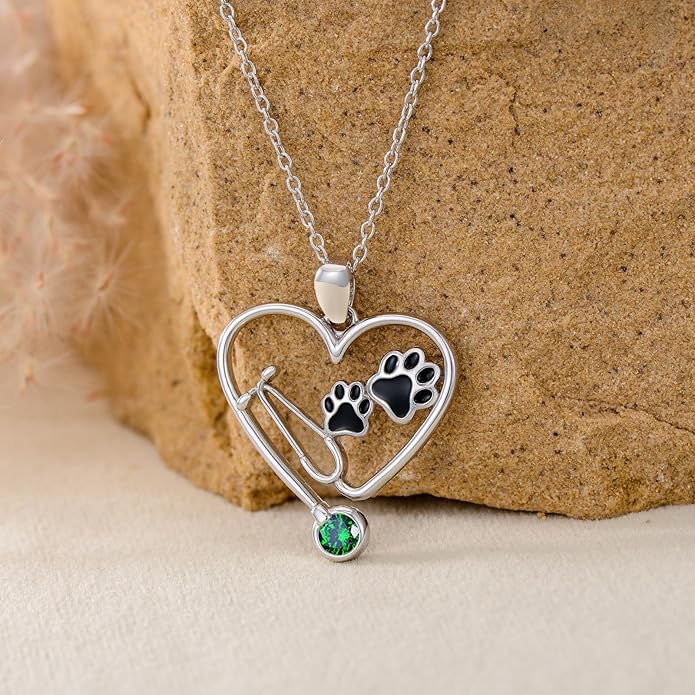 Birthstone Veterinary Stethoscope Necklace 925 Sterling Silver Nurse Vet Pendant with Dog Paw Nurse Jewelry Gifts for Veterinarian Nurse Women Veterinarian Gifts