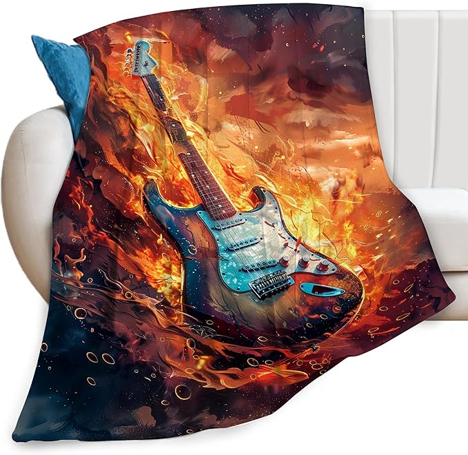 Electric Guitar Fire Print Blanket Music Musical Instruments Acoustic Rock Throw Blankets Gifts for Couch Sofa Bed Stuff Decor Lightweight Cozy Fleece Plush Flannel Bedding for Lover Men Women 40"x50"