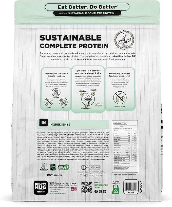 Nature's HUG Dry Cat Food, for Adult-All Breeds, 10 lb. Bag, Just Like Chicken Recipe, Grain Free & Hypoallergenic, Supports Microbiome Health, Sustainable Complete Protein & Balanced Nutrition
