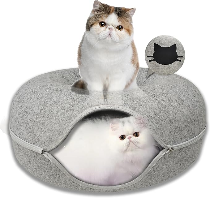 Donut Cat Tunnel Bed Peekaboo Cat Cave for Large Cats Up to 30 Lbs, Kitty Interactive Playing Tent House for Multiple Cats,Detachable,Scratch Resistant (Light Gray, Large - 24 Inch Diameter)