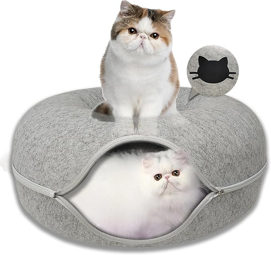 Donut Cat Tunnel Bed Peekaboo Cat Cave for Large Cats Up to 30 Lbs, Kitty Interactive Playing Tent House for Multiple Cats,Detachable,Scratch Resistant (Light Gray, Large - 24 Inch Diameter)