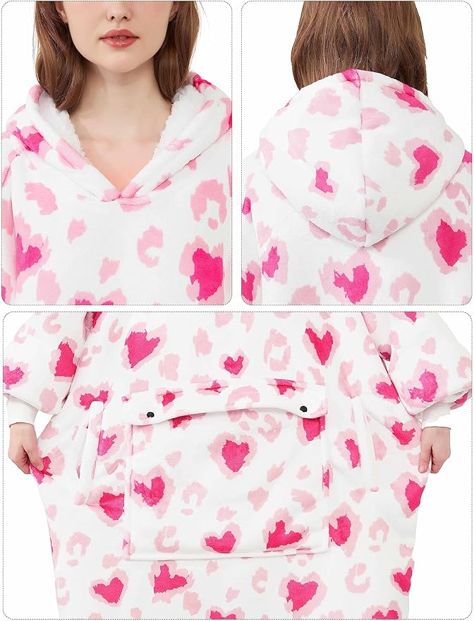 KFUBUO Wearable Blanket Hoodie for Adult Long Sherpa All Patterns Heart Oversized Hoodie Sweatshirt Blanket with Pockets Valentine Gifts for Her