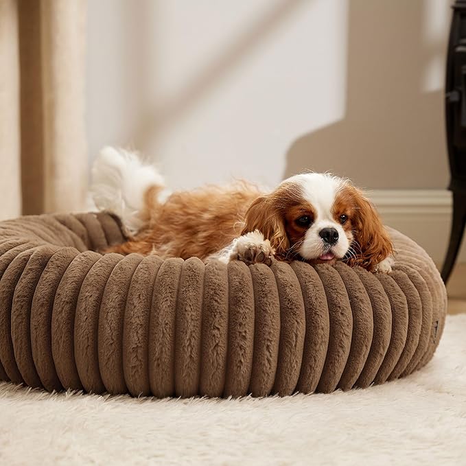 Bedsure Donut Medium Dog Bed - Washable Faux Fur Dog Bed Medium Size Dog with Corduroy Fleece & Anti Slip Bottom, Round Pet Beds with Removable Cover, Copper Brown, 30x30x8 inches