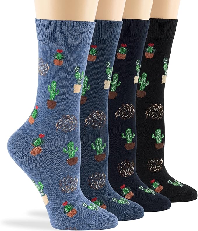 7BIGSTARS KINGDOM Womens Fun Cotton Crew Socks - 4 Pack L/M - Cactus Space Desert Coffee Fox Dog Hedgehog Puppy Flower Bird