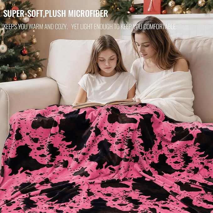 Hot Pink Cow Blanket Flannel Fleece Throw Blanket Soft Cozy Black Cow Print Blankets for Bed Couch Sofa 60 x 80 inch
