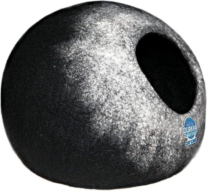 Felt Cat Cave Bed, Handmade Covered Cat Bed Cave, Wooly Cave for Cats, Dome Shaped Cat Pod, Cat Beds & Furniture, Felt Cat Beds for Indoor Cats (Black and White)