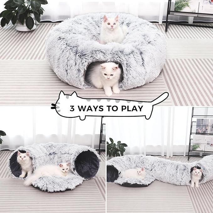 Plush Cat Tunnel with Cat Bed for Indoor Cats, Multifunctional Cat Donut Tunnel for Small Medium Large Cats Kitten Rabbit Puppies
