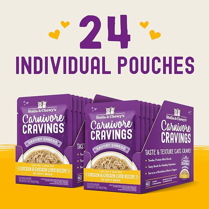 Stella & Chewy's Carnivore Cravings Wet Cat Food Pouches – Grain Free, Protein Rich Meal, Topper or Treat – Chicken & Chicken Liver Recipe (2.8 Ounce Pouches, Case of 24)