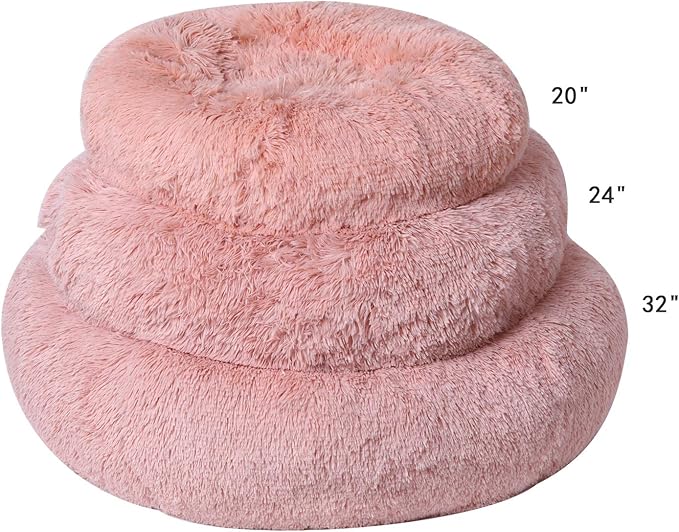 BinetGo Calming Cat and Dog Beds，24 inches Dog Bed, Pink Puppy Bed,Original Calming Donut Cat and Dog Bed in Shag Fur– Machine Washable, Anti Slip Waterproof Bottom