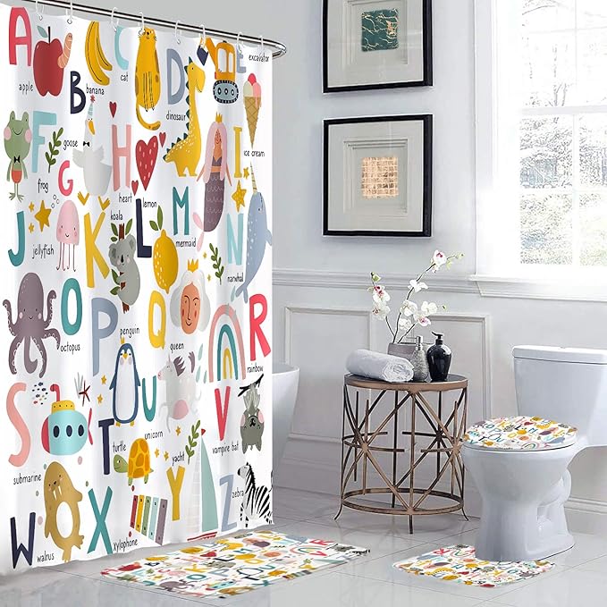 Cartoon Animal Alphabet Shower Curtain Sets, 4 Pcs Kids Educational Graphic ABC Learning Shower Curtain for Bath Curtain Set with Rugs,Cartoon Fun Facts Geography, with 12 Hooks(72X72in)