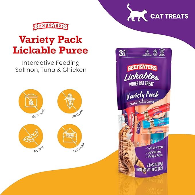 Beefeaters Cat Treats - Variety Pack Lickable Puree 1.59oz, Case of 12 | Cat Food Salmon, Tuna, Chicken | Grain-Free, Taurine-Enriched | Training Treats - Interactive Feeding | Wet/Dry Food