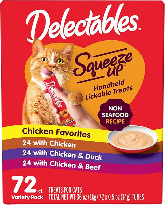 Delectables Squeeze Up Non-Seafood Variety Pack, Creamy Squeezable Puree, Lickable Wet Cat Treats, Grain Free, No Added Fillers, No By-Products, No Added Preservatives, 0.5 Ounces Tube, 72 Tubes Total