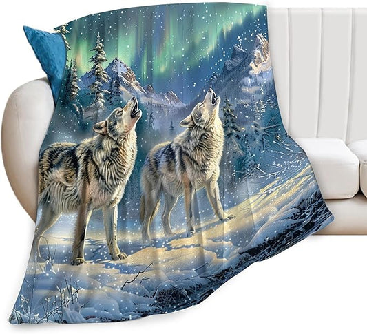 Wolf Aurora Borealis Blanket - Gifts for Girls, Boys, Women, Kids, Wolf Lovers - Soft Warm Fleece Flannel Plush Throw for Bed, Sofa, Couch - 40"x50"