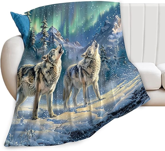 Wolf Blanket Wolf Aurora Borealis Gifts for Girls Boys Woman Kids Wolf Lover Throw Blankets Soft Blanket Warm Fleece Flannel Plush Blankets for Bed Sofa Couch 50"x60"