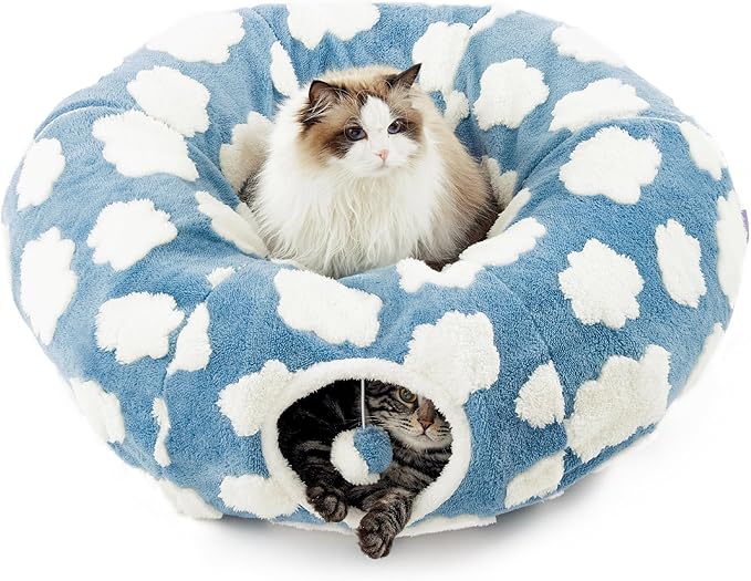 Lesure Cat Tunnel Bed for Indoor Cats - Cute Cat Donut Tunnel with Washable Circle Cushion, Round Pet Play Tunnel Toy for Kitten/Puppy/Rabbit,Blue