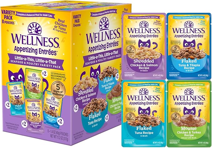 Wellness® Appetizing Entrées™ Little-a-This, Little-a-That, Seafood & Poultry Variety Pack, Natural Wet Cat Food, 1.4 oz Pouch (Pack of 8)