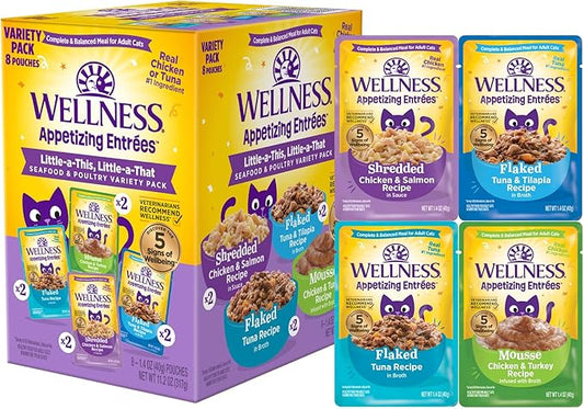Wellness® Appetizing Entrées™ Little-a-This, Little-a-That, Seafood & Poultry Variety Pack, Natural Wet Cat Food, 1.4 oz Pouch (Pack of 8)