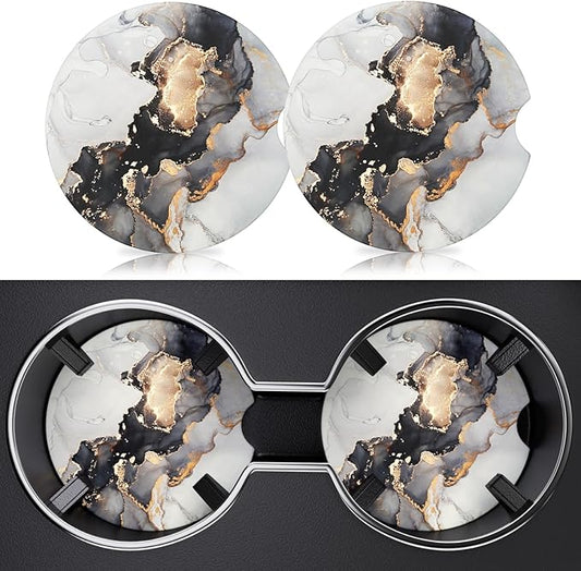 2 Pack Car Cup Holder Coaster, 2.63 inch Anti Slip Insert Absorbent Ceramic Car Coaster with Cork Base and Finger Notch, Cute Car Accessories Interior for Women, Cute Car Coasters., CH0025