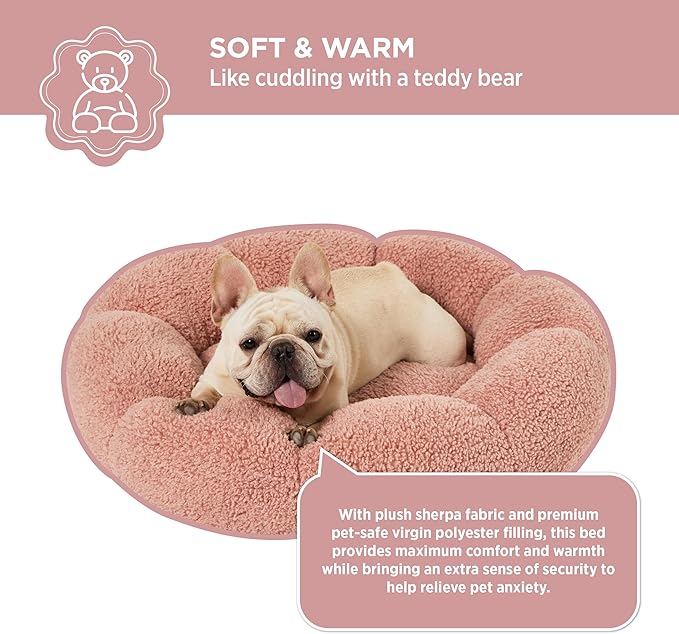 Lesure Calming Medium Dog Bed - Flower Donut Round Fluffy Puppy Bed in Plush Teddy Sherpa, Non-Slip Cute Flower Cat Beds for Indoor Cats, Medium Pet Bed Fits up to 45 lbs, Machine Washable, Pink 30"